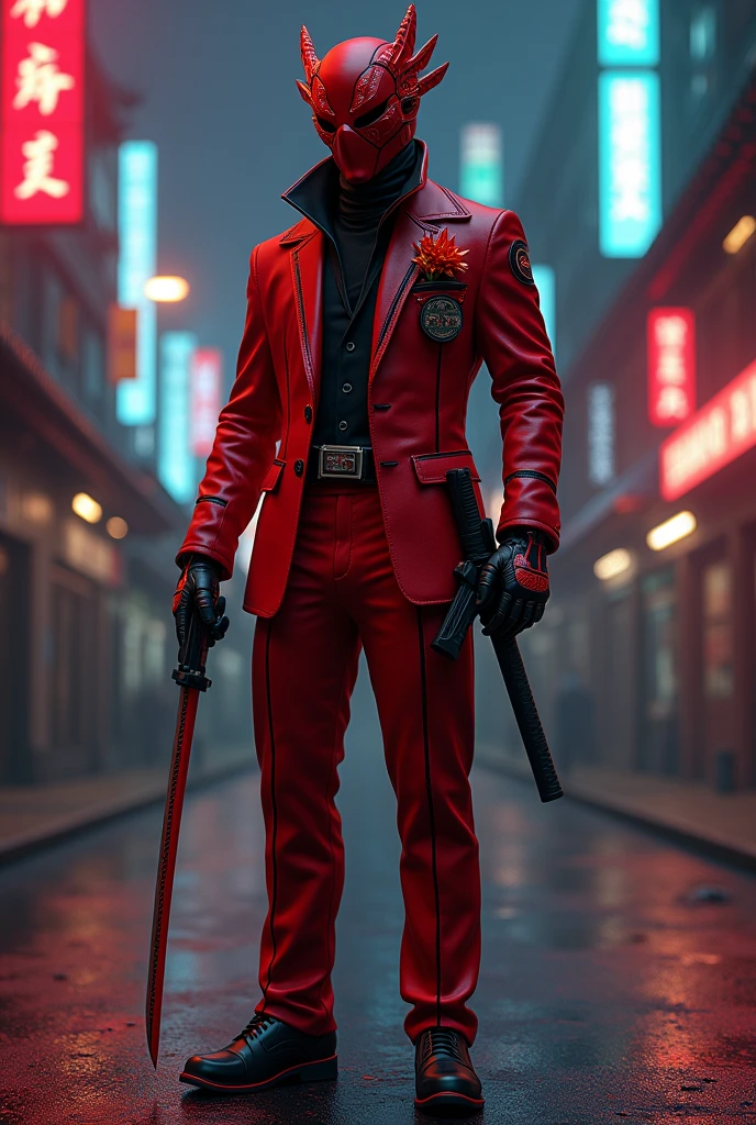 A landscape of Mexico/futuristic japan, at night with a man in a red suit with black lines, with red mask and black masks, Black gloves with red buttons and black capsules, black belt with red lines and in the center an image of the mask, Black shoes with red soles with black circles and 2 short katanas on his back with fire symbols, 2 pistols with fire symbols and a red flower resembling flames of fire in the front pocket of his suit (His suit looks like a business suit and his mask has more touches of black.) , His pants are black with red touches 