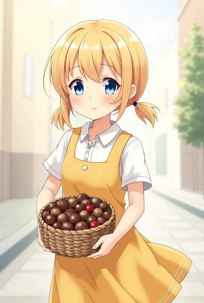 Create a white anime girl, with blonde hair, with two short pigtails down below, yellow dress with a white polo shirt underneath it dress without shoes,blue eyes, en esta pose🚶sosteniendo una canasta de chocolates