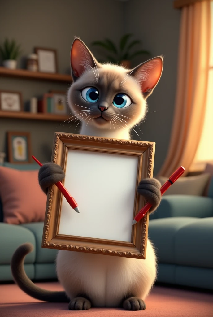 A Siamese cat holding an empty picture frame and also a red marker in a living room of a house