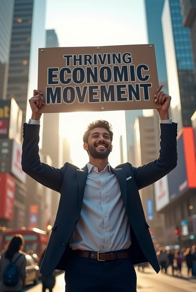 A rich and happy young man who has a sign that says I am advertising and the economic movement is thanks to me , in a city with a lot of movement