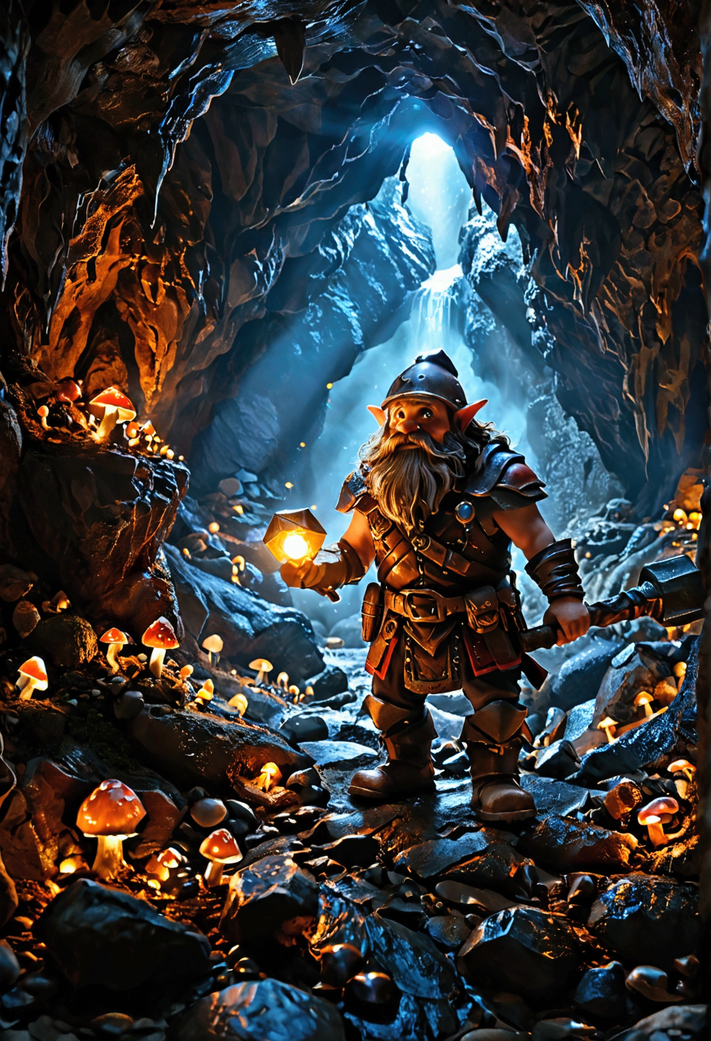 Cinematic CGI, bokeh, (Dark Cavern), A dwarf lights up a stony place with his headlamp. A (rugged dwarf) discovers a marvelous rough gem from the rocky walls as he trys to dig it out with his trusty pickaxe. His simple digger armor protects him. The gem glows brilliantly in the darkness. Cavern, underground. lightly glowing mushrooms dot the cave. a few unwanted minerals dot the cave walls. Splendor and wonder. Very gloomy, very dark, large grotto. stalactites, High Fantasy