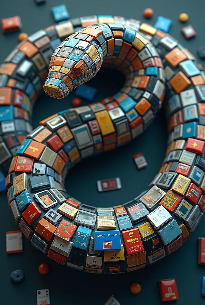 A snake eating its own tail, but the snake is composed of interconnected consumer items (smartphones, credit cards, fast food, etc.). The snake forms a perfect circle, symbolizing the endless cycle of consumption. The center of the circle could have a subtle, glitchy effect, hinting at the digital overload.