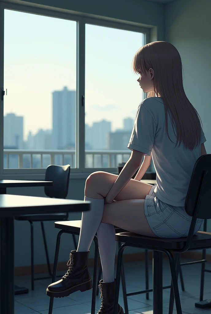 white girl, con shorts, stockings and boots, in a cafeteria looking out the window (the photo taken from outside the window) 