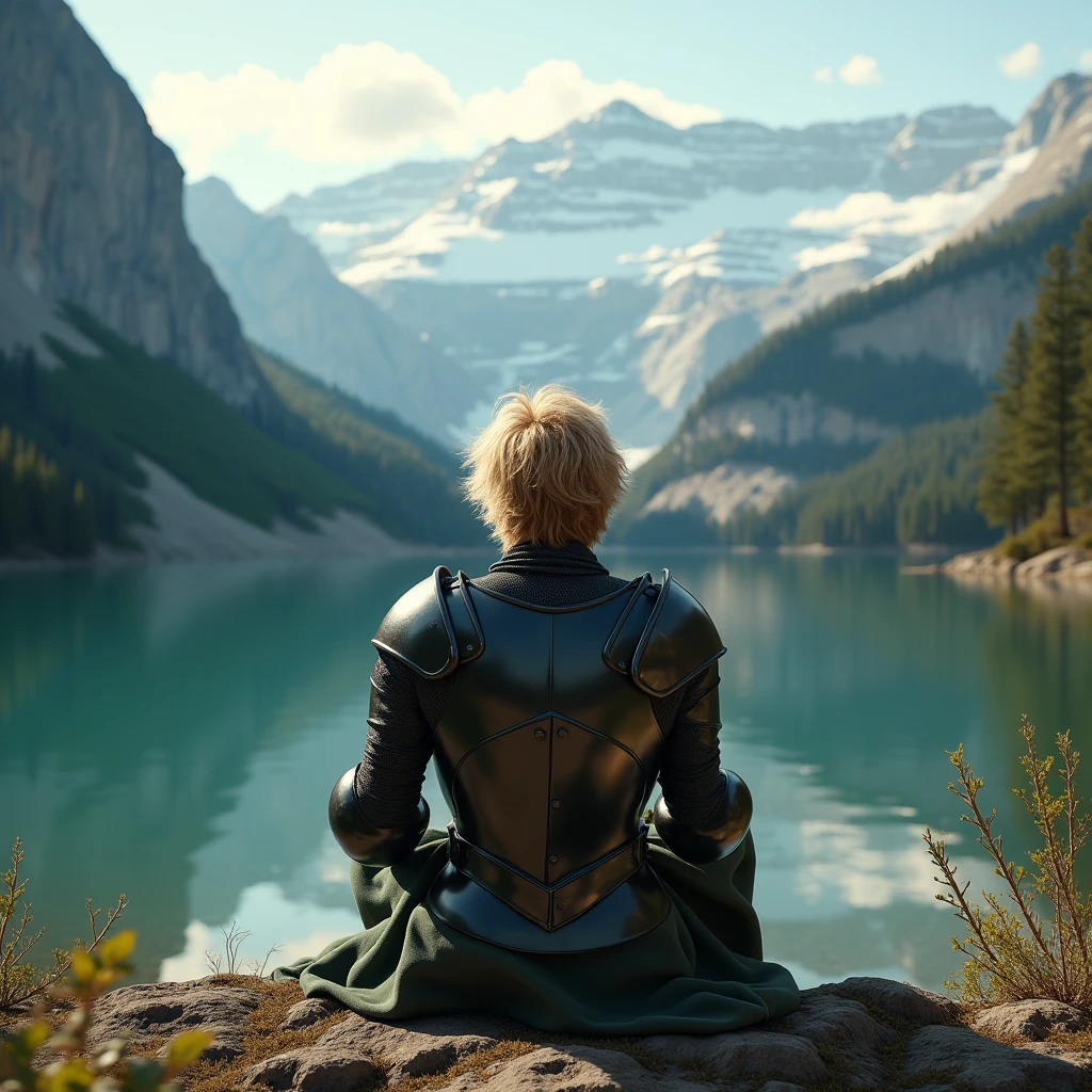 vintage, knight sitting in front of a lake seen from the back, knight has blond brown short hair which is disheveled tousled like surfer hair but shorter, has black armor, mountain background, woods, some clouds