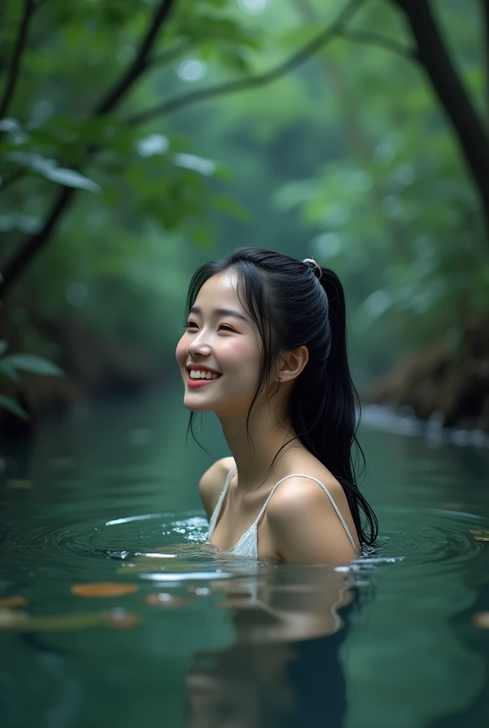 Beautiful Korean Women,soaking in the river with half his body in the water,wet black hair in a ponytail,smiled cheerfully,with the forest at night,best quality realistic detailed photography.8k hd