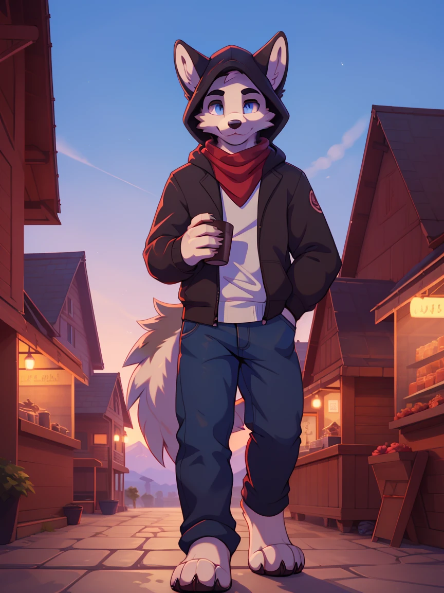 (cafesoda:1.1), Hioshiru, lobo、, playboy, sky blue eyes, multicolored fur, White skin, dark brown fur, black fur, He wears a hood with a scarf and pants, that is to say, Alone, At dawn with a town in the distance