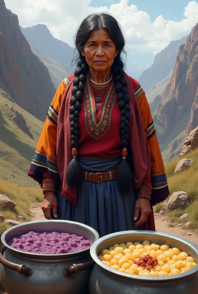 Imagen 2D, from a countrywoman from the Peruvian mountains, with two braids, A traditional blanket is draped over her shoulders. In front of her are two pots filled with purple porridge and the other with Peruvian rice pudding., The pots are those big aluminum ones
