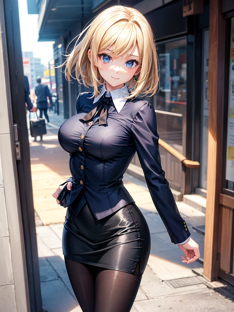 Anime style, super fine illustration, highly detailed, beautiful detailed, perfect detailed, super high quality image, static representation, gentle expression, happy expression, the pretty image, super stylish, 8k, beautiful face, handsome face, perfect & pretty 1girl with blonde straight short hair & blue eyes & a bright smile & full bust & soft fair skin is a female supervisor who is not to show her skin wearing big light blue business shirt & black summer tailored jacket & black tight skirt & black pantyhose on the urban business buildings street, in the morning, solo, perfect fingers, no more fingers, no less fingers, perfect arms, no more arms, perfect legs, no more legs, no more hair, masterpiece.
