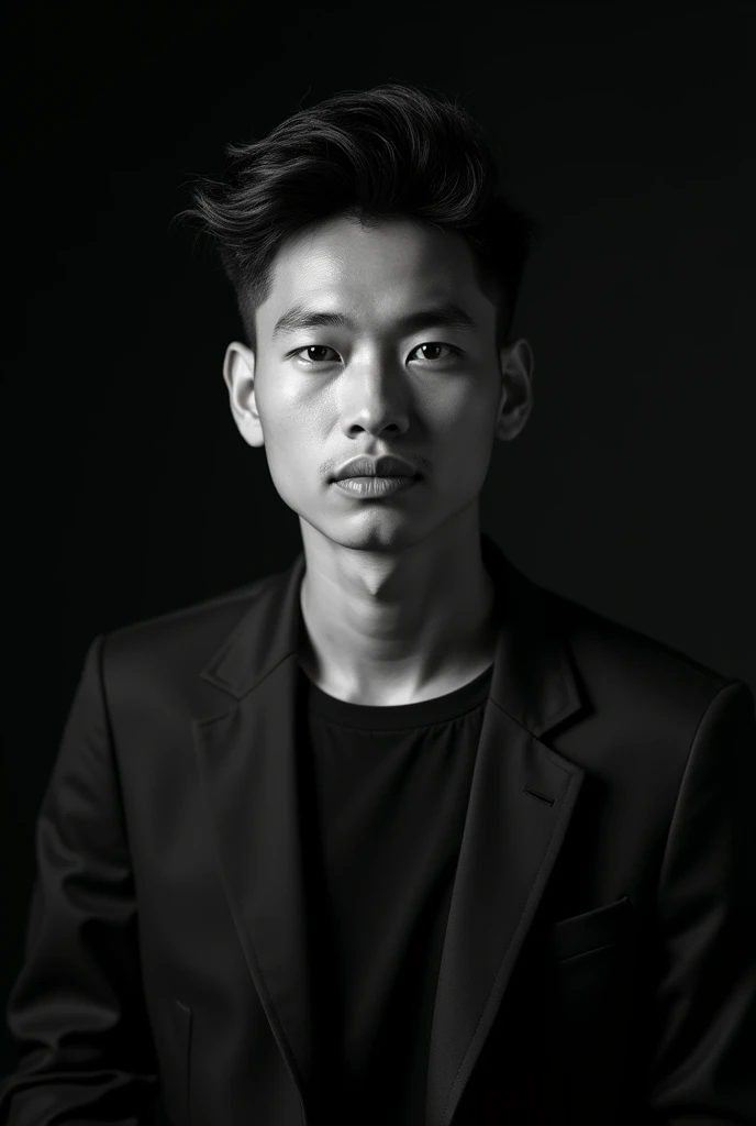 A professional black-and-white portrait of a perfect handsome young indonesian man 30 yo, dark hair. wearing modern stylish fashion with blazer. unique character and personality and style. The background is solid black, highlighting her features and creating a sleek, modern look. The lighting is soft and evenly distributed, emphasizing confident and approachable expression.