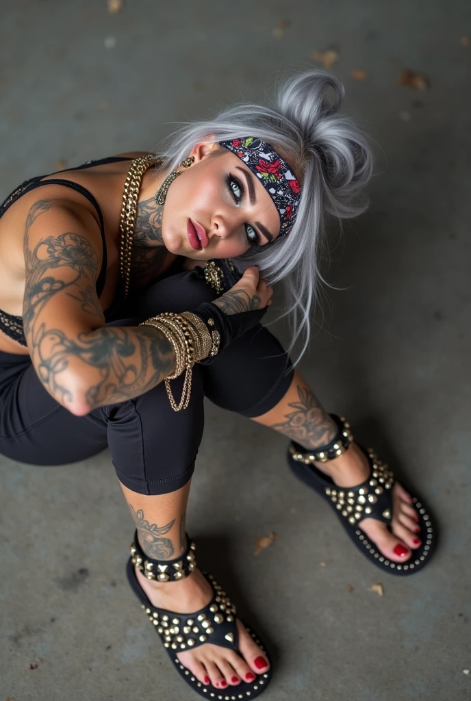 russian milf woman, grey hair (bouffant, top bun) and oversized square sunglasses and wide colourful bandana as headband, with very light green eyes, extremely pale. Big lips. Black lace push up bra, silicone breast,, black yoga pants Flip flops. Lots of thick wide studded bracelets, chain collars and big rings,. Additional crossed loose belts,. Long earrings with chains and feathers. Sitting on the underground with legs apart. Neck, chest, stomach and wrists heavily tattoed. Toned abdominals, thin neck, slim legs and thin arms. Narrow hips and long legs. Exhausted, sleeping with mouth open.. Seen from above
