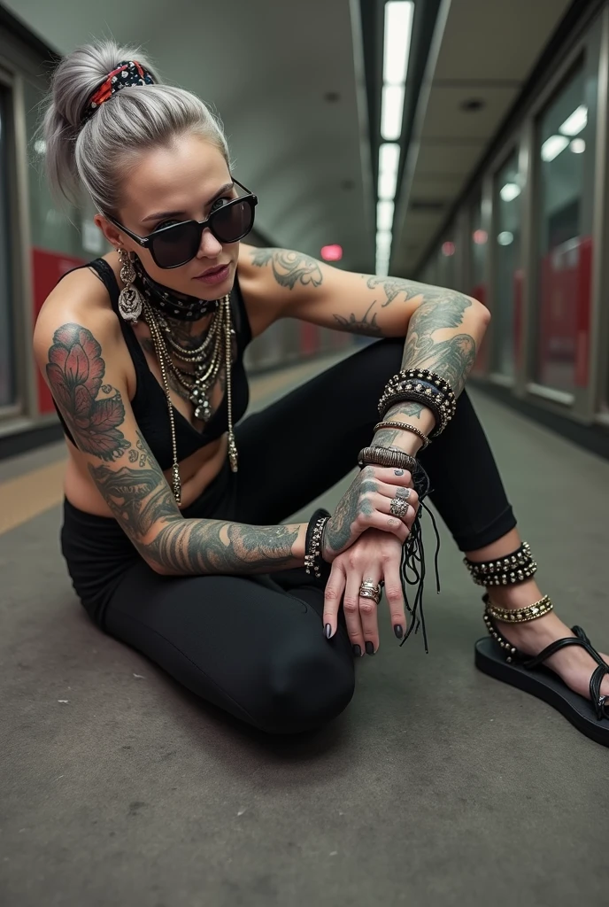 russian milf woman, grey hair (bouffant, top bun) and oversized square sunglasses and wide colourful bandana as headband, with very light green eyes, extremely pale. Big lips. Black lace push up bra, silicone breast,, black yoga pants Flip flops. Lots of thick wide studded bracelets, chain collars and big rings,. Additional crossed loose belts,. Long earrings with chains and feathers. Sitting on the underground with legs apart. Neck, chest, stomach and wrists heavily tattoed. Toned abdominals, thin neck, slim legs and thin arms. Narrow hips and long legs. Exhausted, sleeping with mouth open.. Seen from above