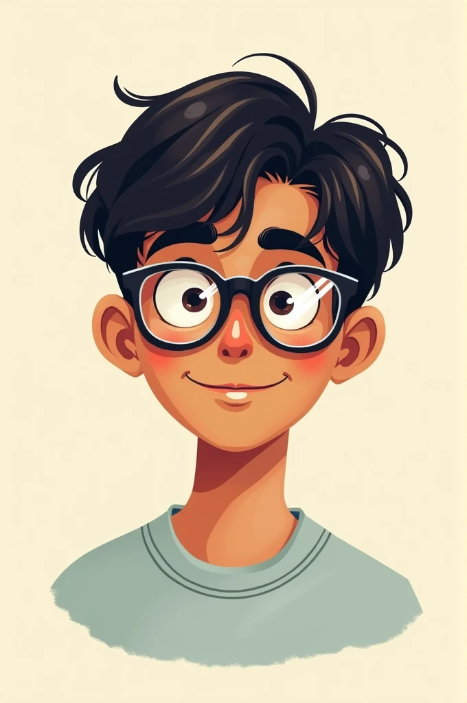 Create a colorful, minimalist cartoon-style illustration, as if it had been hand drawn. The drawing must capture a photograph of a young adult male between the ages of 18 and 21., with short hair, slightly dark skin, with glasses, cabelo curto com franja, with simple and light lines, soft colors and minimal details, reflecting the casual, spontaneous style of a doodle made with pen or colored pencil. 