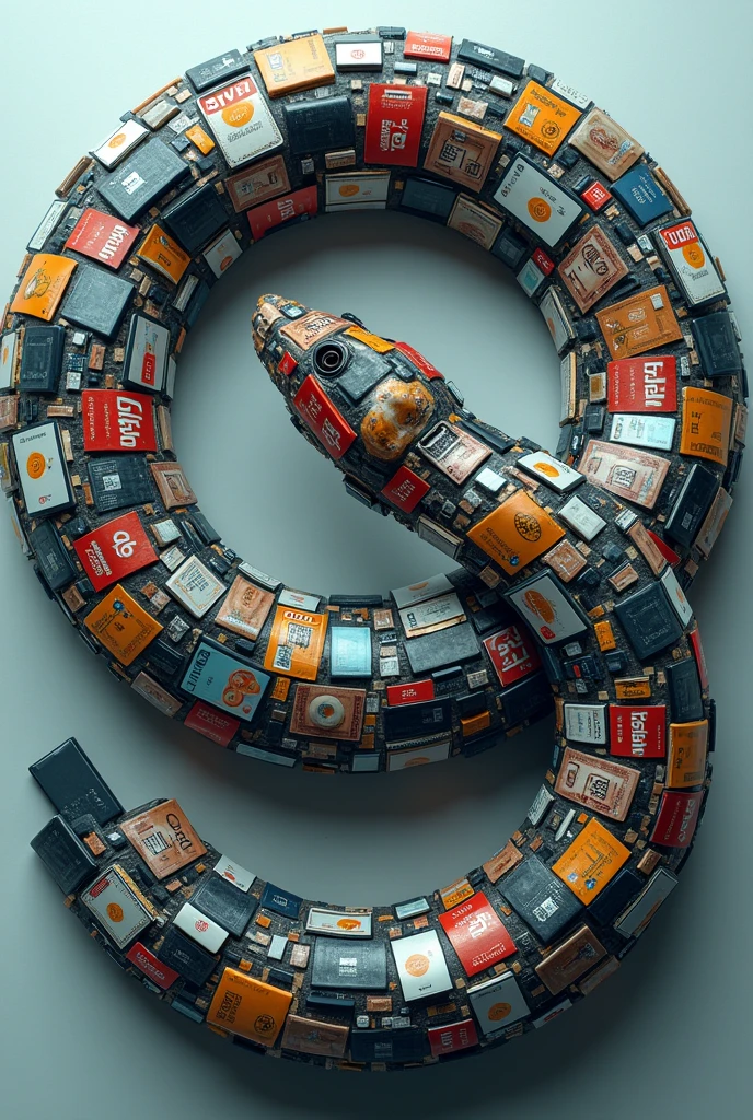  A snake eating its own tail, but the snake is composed of interconnected consumer items (smartphones, credit cards, fast food, etc.). The snake forms a perfect circle, symbolizing the endless cycle of consumption. The center of the circle could have a subtle, glitchy effect, hinting at the digital overload.