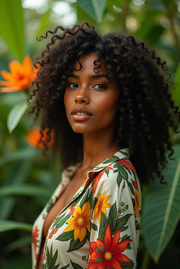 A Brazilian woman in a lush tropical garden, wearing an open shirt with a floral print, with a close-up capturing the harmonious beauty between her breasts and the natural flowers, showing off your natural charm and outgoing personality.