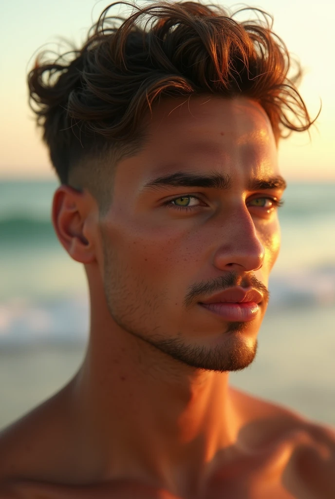 Cinematic soft lighting illuminates a stunningly detailed and ultra-realistic handsome Middle-Eastern male supermodel, beach look, ultra short messy light brown hair, clear green eyes, captivating perfect smile, sensual, hot man, insanely handsome, that is trending on ArtStation. Octane is the perfect tool to capture the softest details of this 16k photography masterpiece.