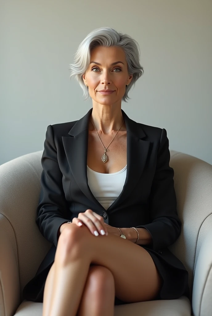 A woman in her 60s wearing a miniskirt、Please draw me sitting on a chair with my legs crossed.。The woman has a confident look、It has an elegant look。The background is simple、Make sure the female figure is flattered。」