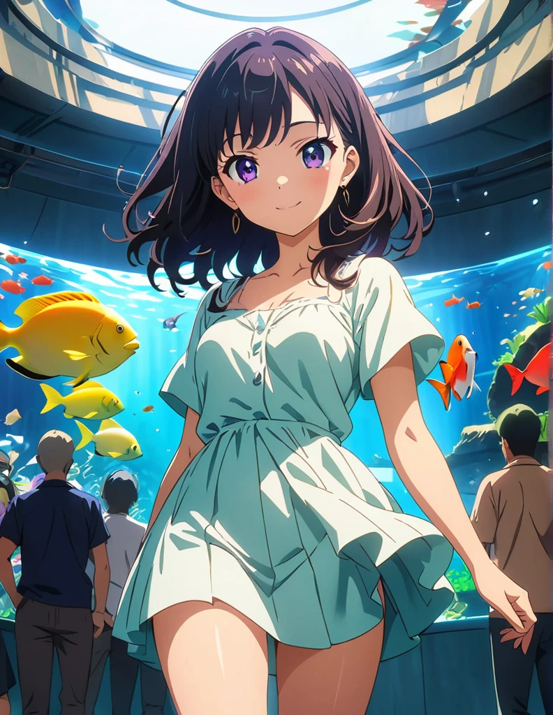 (anime artwork, anime style, studio anime, very detailed, up to date, vibrant, Anime Coloring, high contrast, masterpiece:1.2, best quality, best aesthetics),1 girl, Medium chest, A glimpse of thighs,happy,aquarium,light smile, summer clothes,crowd,