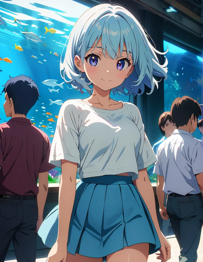 (anime artwork, anime style, studio anime, very detailed, up to date, vibrant, Anime Coloring, high contrast, masterpiece:1.2, best quality, best aesthetics),1 girl, Medium chest, A glimpse of thighs,happy,aquarium,light smile, summer clothes,crowd, 