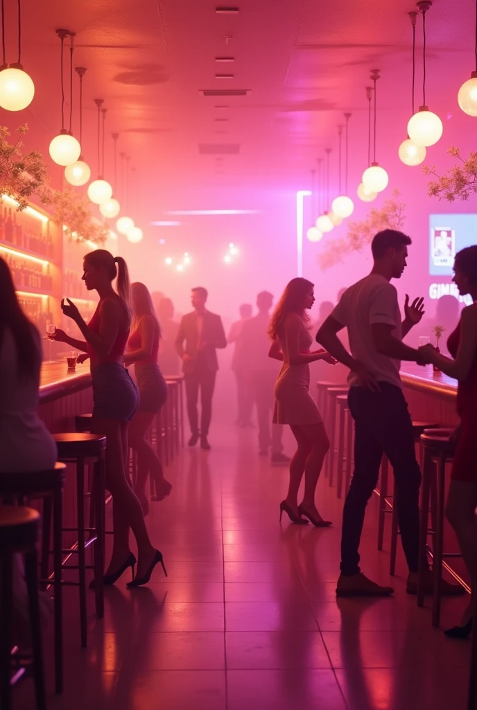 A background of a bar with light pink tones, with good lighting and some people dancing