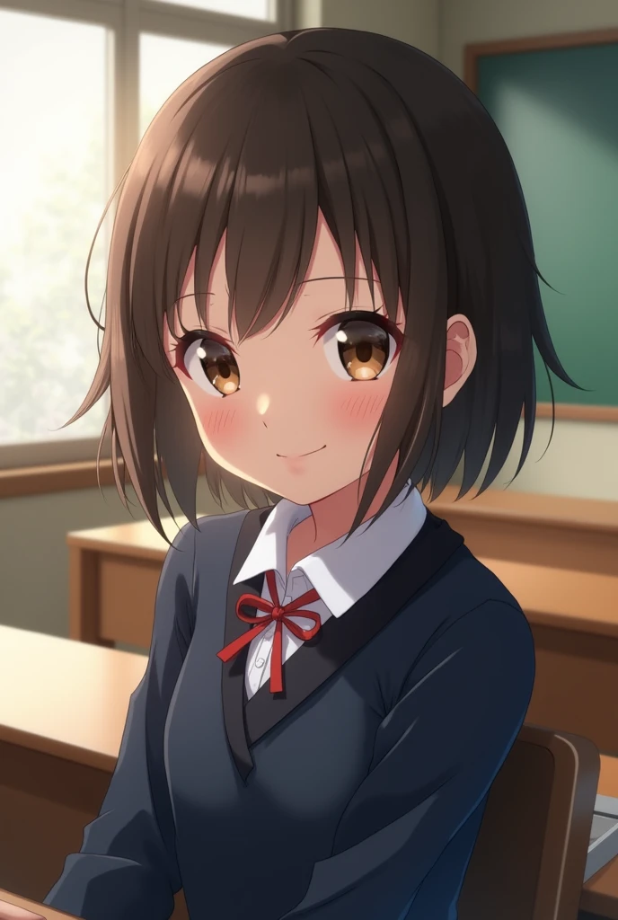 Highest quality, Face Focus, Soft Light, Ultra-high resolution, (Realistic:1.4), RAW Photos, 1 Japanese girl, alone, cute, (A shy smile:0.5), (Brown eyes, Light in your eyes), Beautiful face in every detail, (Small box),(High resolution detail of human skin texture), (Short Bob Hair), break, In the classroom,Navy uniform, Best, skirt