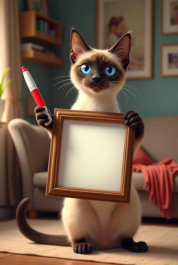 A Siamese cat holding an empty picture frame and also a red marker in a living room of a house