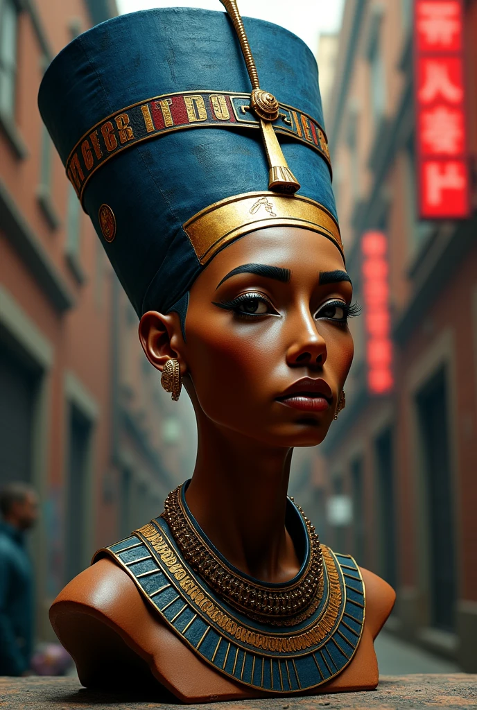 Make a reinterpretation of Nefertiti's bust but do it in a hip hop way