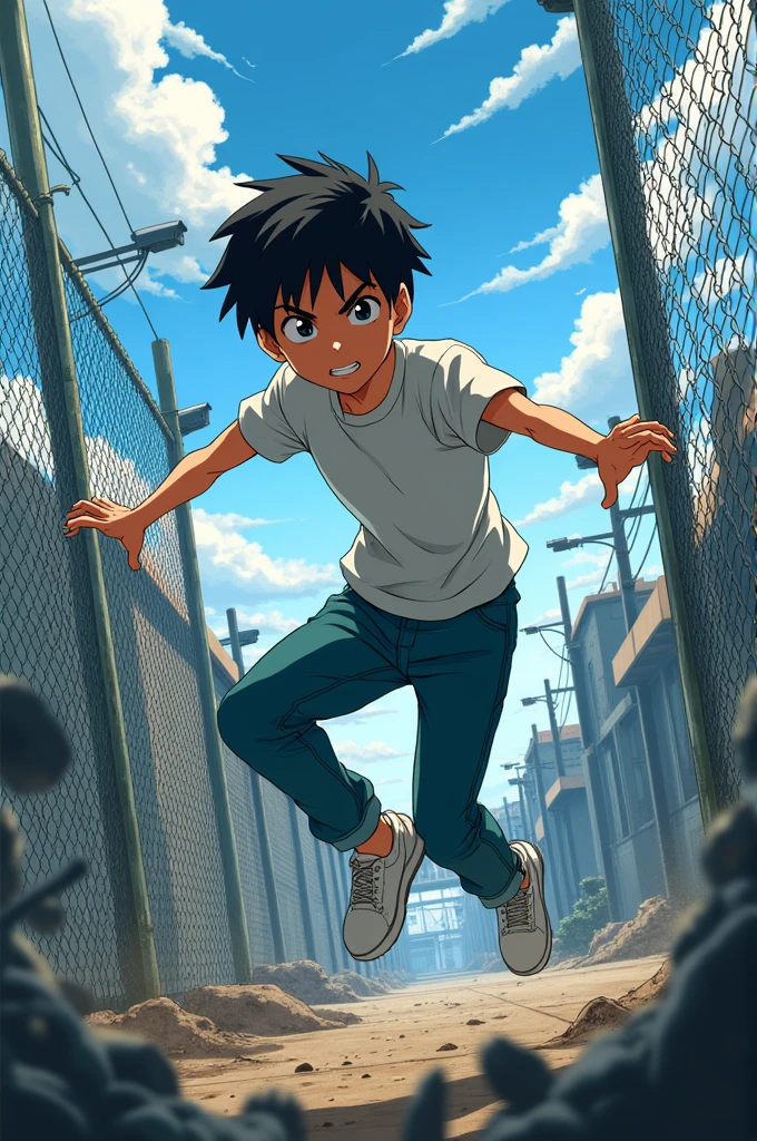 Anime teenage boy sneaking through a fence without being seen by the military
