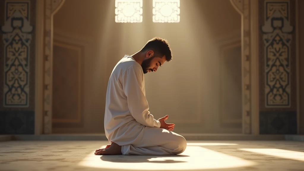 The young Middle-Eastern man, wearing a white traditional prayer garment, now in the 'Ruku' bowing position, hands placed firmly on his knees, back straight, head lowered, eyes looking at the ground, mosque setting with decorative wall patterns and soft light filtering in, capturing the humility and devotion in the act of bowing, 16:9 aspect ratio, hyper-realistic, f/2.8, ISO 200, 50mm lens 
