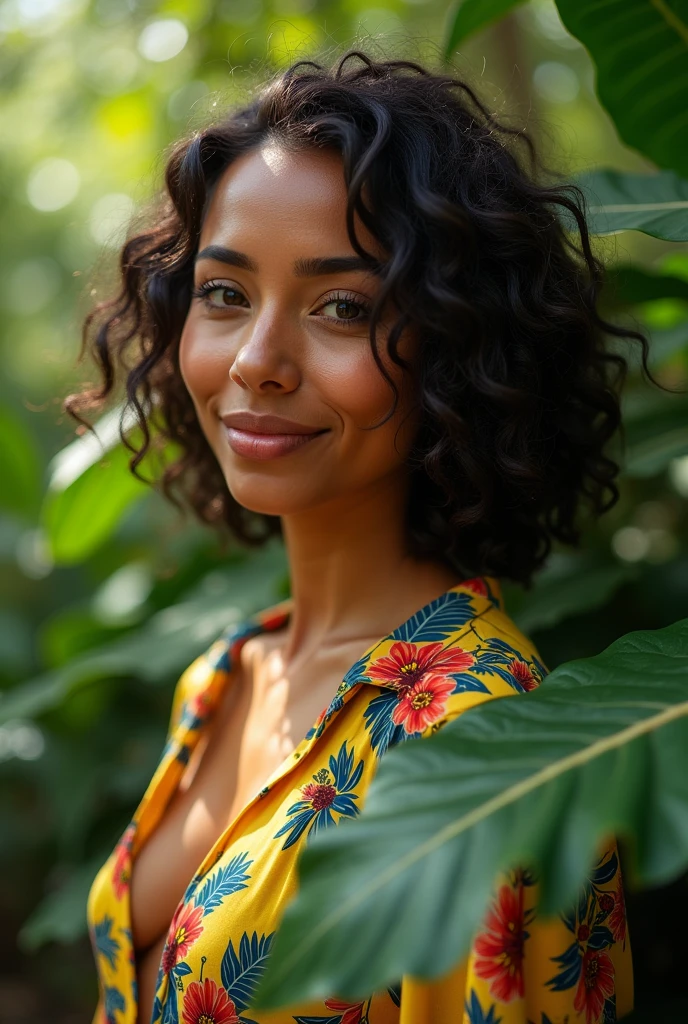 A Brazilian woman in a lush tropical garden, wearing an open shirt with a floral print, with a close-up capturing the harmonious beauty between her breasts and the natural flowers, showing off your natural charm and outgoing personality.