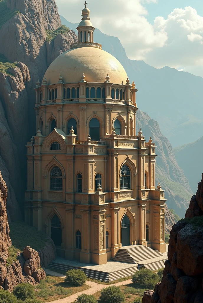 there is a large Ethiopian Orthodox Church building with hemispherical Dom that is built into the side of a mountain, intricate matte painting, matte painting of human mind, digital matte painting, ancient yet futuristic, elaborate matte painting, hyperdetailed 3d matte painting, hyperdetailed 3 d matte painting, extravagant matte painting, epic matte painting, epic cinematic matte painting, matte painting concept art, giant tomb structures