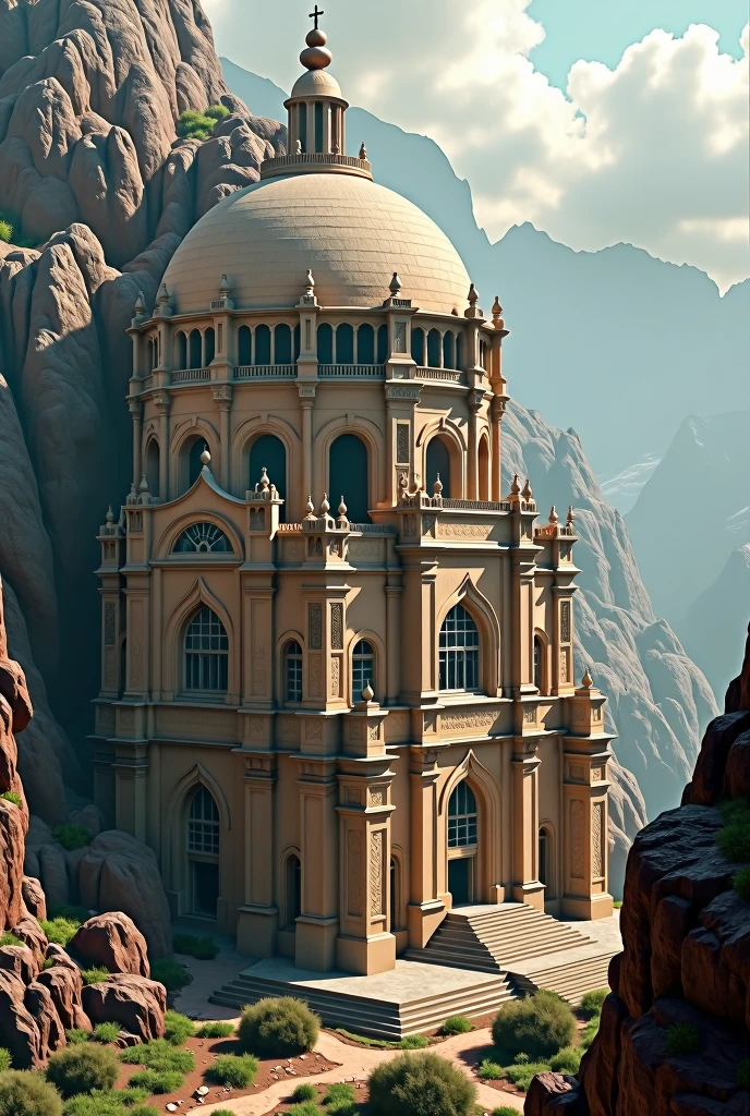 there is a large Ethiopian Orthodox Church building with hemispherical Dom that is built into the side of a mountain, intricate matte painting, matte painting of human mind, digital matte painting, ancient yet futuristic, elaborate matte painting, hyperdetailed 3d matte painting, hyperdetailed 3 d matte painting, extravagant matte painting, epic matte painting, epic cinematic matte painting, matte painting concept art, giant tomb structures