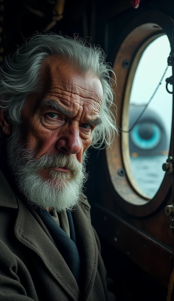 Un gros plan intense sur le visage du capitaine Achab, son regard perçant et rempli de haine, chaque ride de son visage racontant une histoire de douleur et de vengeance. Derrière lui, à travers une fenêtre du navire, on aperçoit Moby Dick qui émerge partiellement de l'eau, son œil massif et brillant capturant la lumière du jour. L'intérieur du navire est sombre, mais la lumière de l’extérieur illumine partiellement le visage d'Achab, accentuant son expression de folie et d'obsession. Les détails comme la texture du bois du navire, les outils marins et les harpons suspendus ajoutent de la profondeur à la scène.