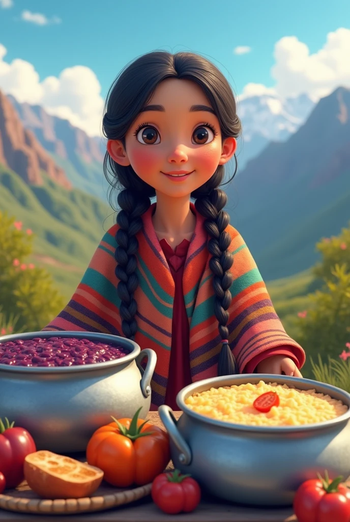 Animated image, from a countrywoman from the Peruvian mountains, with two braids, A traditional blanket is draped over her shoulders. In front of her are two pots filled with purple porridge and the other with Peruvian rice pudding., The pots are those large aluminum ones