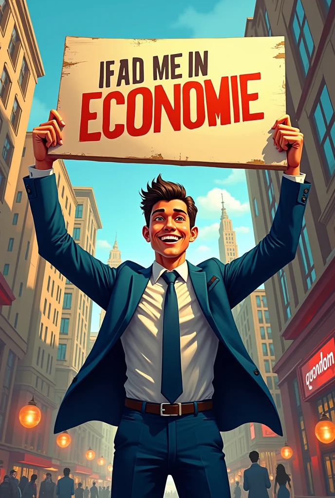 a rich young man,happy, colorful and happy that has a sign that says I am advertising and the economic movement is thanks to me , in a city with a lot of movement