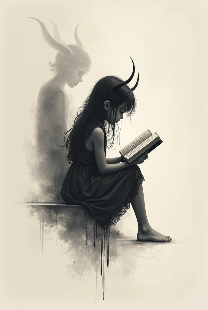 **Detailed description for the tattoo:**
- **Main Silhouette**: A young girl sitting and reading a book, viewed from the side. She has long hair that gently falls over her shoulders. The silhouette is simple and clean, drawn with fine lines and without any fill.
- **Demonic Shadow**: The shadow cast by the girl forms the silhouette of a demon. The demon's shadow is dark and ominous, with more defined contours to contrast with the innocence of the girl's silhouette. Details like horns and a menacing posture can be included to enhance the dramatic effect.
- **Style**: The design is minimalistic, with a clear contrast between the simplicity of the girl's silhouette and the intensity of the demonic shadow. No heavy shading or bright colors—everything is done in black with subtle variations in the outlines.
- **Size**: Designed for the forearm, the size is moderate, making the details visible yet keeping the tattoo discreet.
- **Colors**: No bright colors, just black for a subtle and elegant effect.