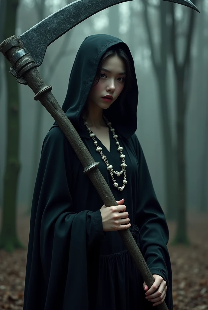 (((grim Reaper)))、young woman、cute、Jet black robe、(((He carries a scythe as big as he is.)))、grim Reaperの鎌、Death Scythe、Bone Jewelry、Background dark forest、(best quality,4K,8k,highres,masterpiece:1.2),ultra-detailed,(realistic,photorealistic,photo-realistic:1.37),HDR,uhd,studio lighting,ultra-fine painting,sharp focus,physically-based rendering,extreme detail description,professional,vivid colors,bokeh,cinematic lighting,dramatic shadow,