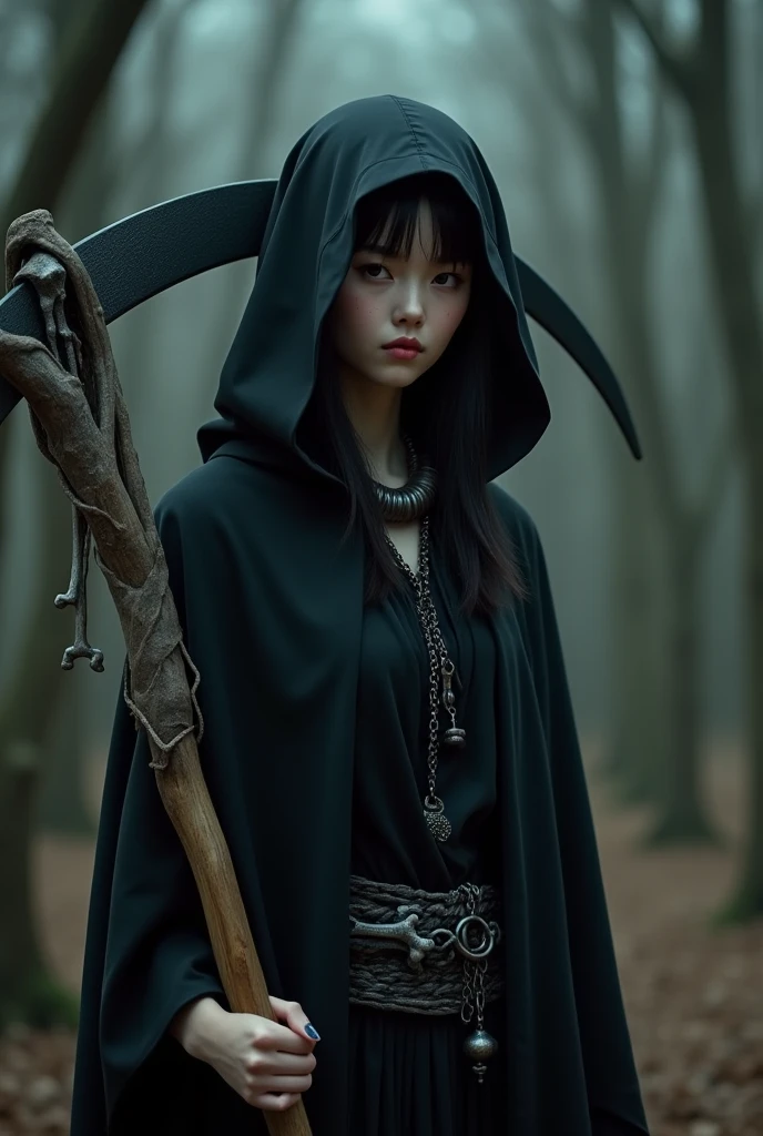 (((grim Reaper)))、young woman、cute、Jet black robe、(((He carries a scythe as big as he is.)))、grim Reaperの鎌、Death Scythe、Bone Jewelry、Background dark forest、(best quality,4K,8k,highres,masterpiece:1.2),ultra-detailed,(realistic,photorealistic,photo-realistic:1.37),HDR,uhd,studio lighting,ultra-fine painting,sharp focus,physically-based rendering,extreme detail description,professional,vivid colors,bokeh,cinematic lighting,dramatic shadow,