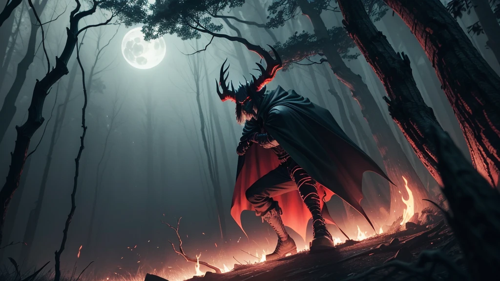 In a dark forest under the light of the full moon, a devil facing a peasant. The devil has sharp horns, bright red eyes like burning embers, and wears a black cape that flutters in the wind. The peasant, dressed in a white shirt and black pants, is visibly frightened, looking at the devil with fear. The trees around him are twisted and deformed, their branches extending like claws, creating a sinister and disturbing atmosphere, in 3D cartoon style.