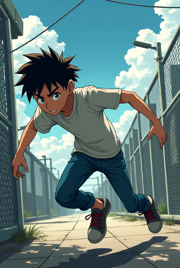 Anime boy sneaking through a fence without being seen by the military
