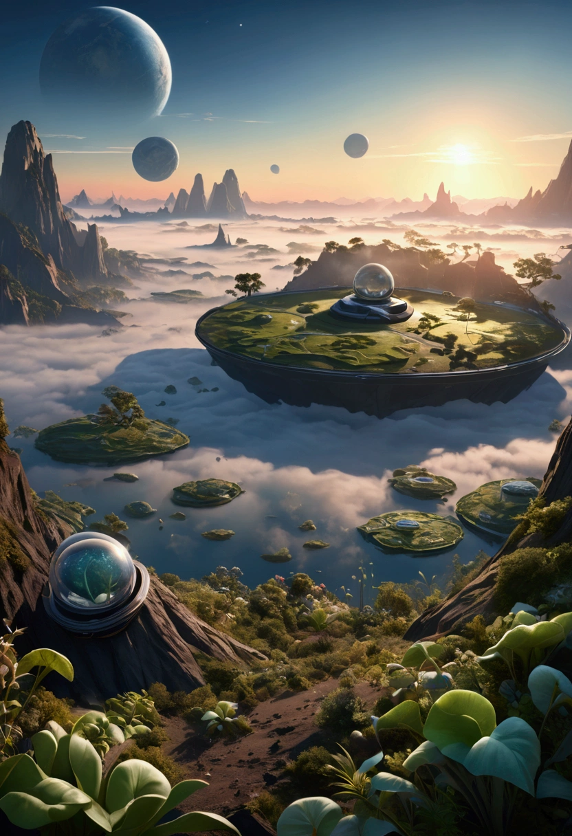 (Best Quality,4k,8k,High resolution,masterpiece:1.2),ultra detailed,sharp focus,(realist,photorealist,photo-realist:1.37), 35mm lens,multiple angles,(35mm cinema lens),(multi-angle shooting),(Many viewing angles), A breathtaking alien planet at dawn, (best quality,4k,8k,highres,masterpiece:1.2),ultra-detailed,(realistic,Photorealistic,photo-realistic:1.37),Dramatic lighting,glowing sky,alien landscape,futuristic architecture,floating islands,bioluminescent flora,Atmospheric fog,intricate alien flora and fauna,cinematic composition,vibrant colors,warm lighting,dramatic shadows,detailed textures,intricate details