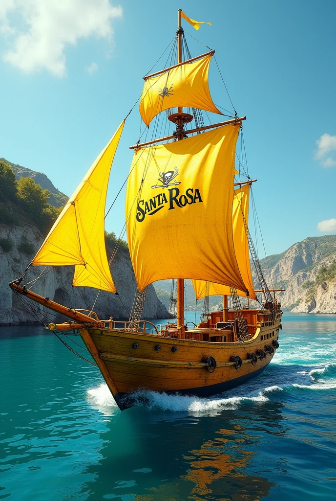 Photorealism of pirate yellow sailing boat with santa rosa text on it