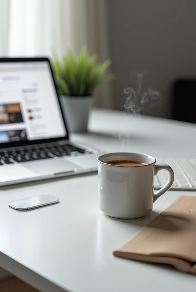 Computer desk with open laptop, on the side a cup of coffee with coffee.
It could be this image without the plants and without the window and without the cell phones on the table.