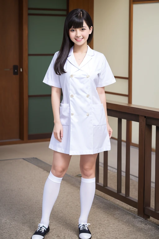White knee-high socks、Nurse uniform、White pumps、Japanese women、whole body、Black Hair、short hair、Standing posture、smile、 High resolution, Gaze, Anatomically correct, Highest quality、20-year-old