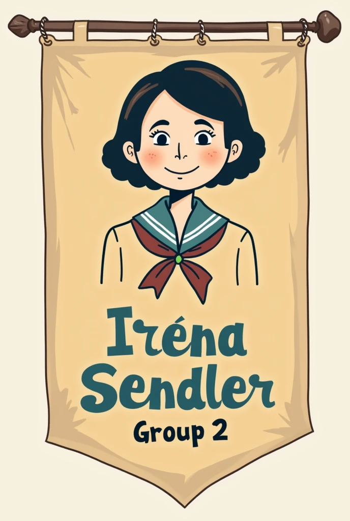 Crea un banderín para los scouts sección comunidad con el nombre de Irena Sendler and un dibujo que la represente and que contenga escrito "Group 2" in Spanish (that has no other words, only those mentioned "Irena Sendler" and "Group 2") (el dibujo que sea sencillo pero que no ocupe todo el banderín and que sea llamativo)