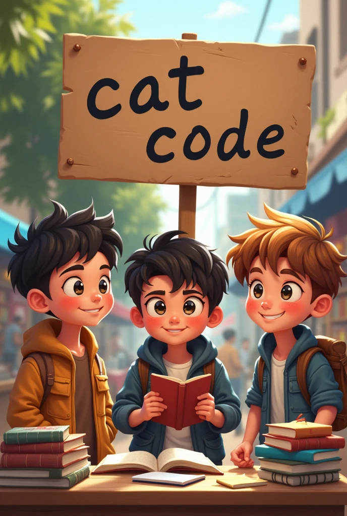  3 boys and 1 girl selling books and behind them saying cat code
