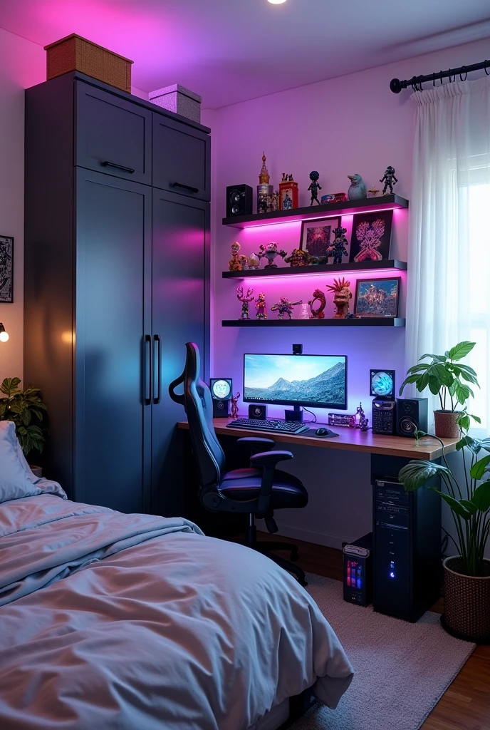 A bedroom with a graphite gray closet and white walls with a geek gamer decor to match