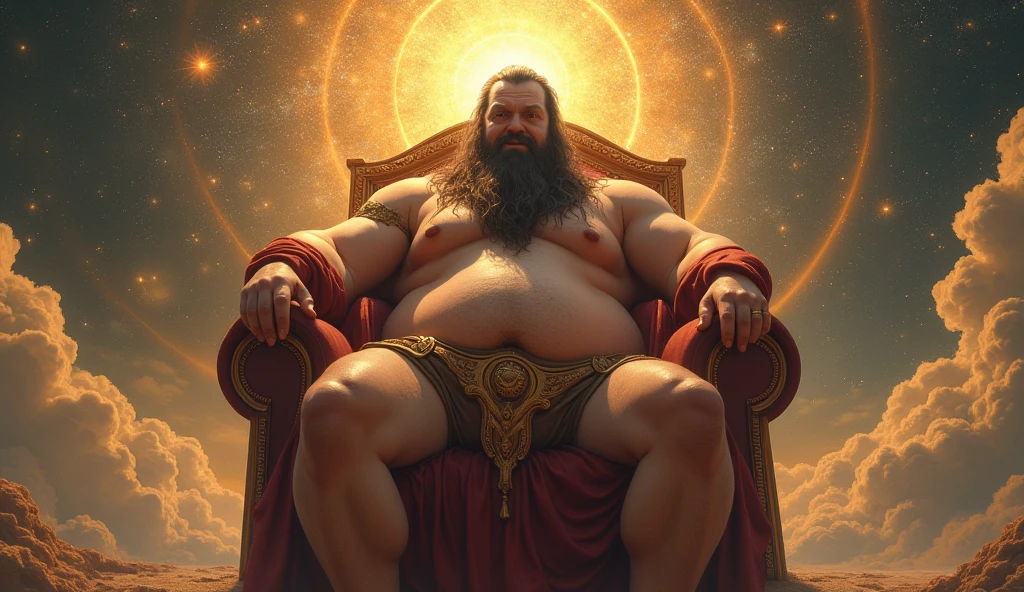 god on his throne ruling,Open legs, hair from navel to groin, underwear with big bulge in the middle, Chubby, Hairy, Bearded, high resolution, ultra-detailed , sharp focus, intricate details