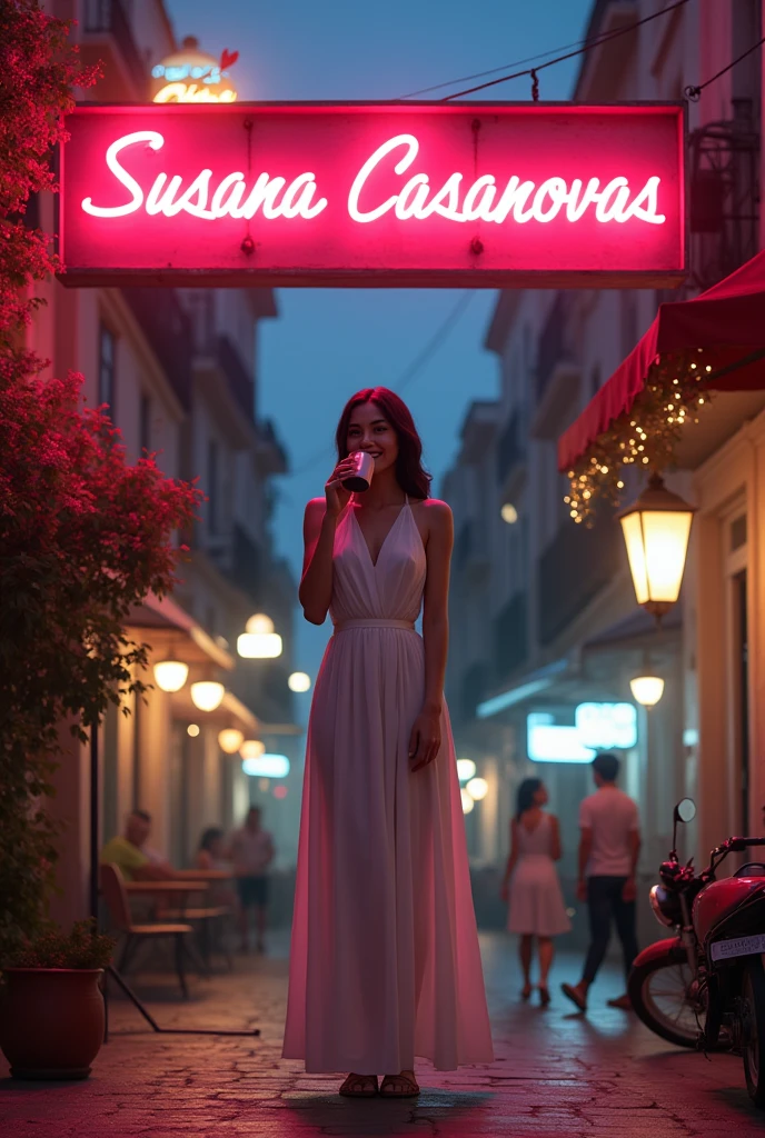 A big neon sign that reads "Susana Casanovas" and under the sign a very tall female, around 40's, big boobs and butt, small weist, very white, dark hair, sitting on a chair with a wood table, on Argentina streets, with a very long white dress, smiling an drinking mate