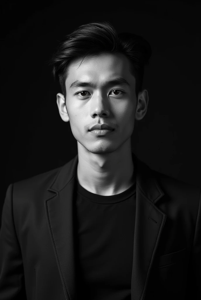 A professional black-and-white portrait of a perfect handsome young indonesian modern man 30 yo from jakarta, dark hair. wearing modern stylish fashion with blazer. unique character and personality and style. The background is solid black, highlighting her features and creating a sleek, modern look. The lighting is soft and evenly distributed, emphasizing confident and approachable expression.