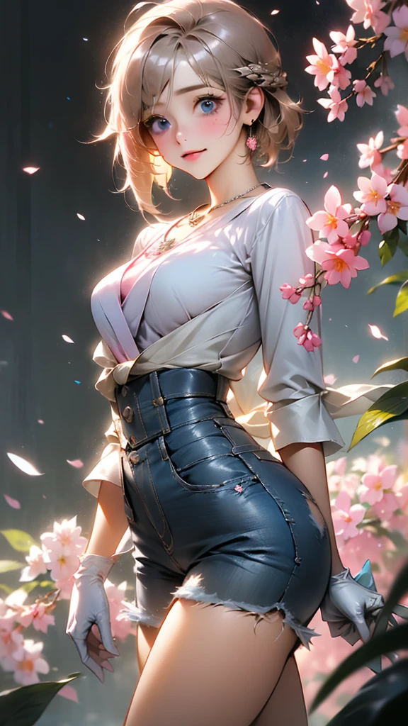 a girl in white shirt and shorts standing front of house, in the style of hyper-detailed portraits, light pink and dark silver, japanes anime, 8k uhd, gloves, blue eyes, pink gloves, shorts, jewelry, moon, short hair, earrings, cherry blossoms, mole, necklace, denim, low-angle shot, muted black color grading, rear projection, stuck in the mud(Hair style:1.5)(detailed landscape:0.6)(feminim:1.2)(hand detailed:0.2)(background masterpiece:0.1)